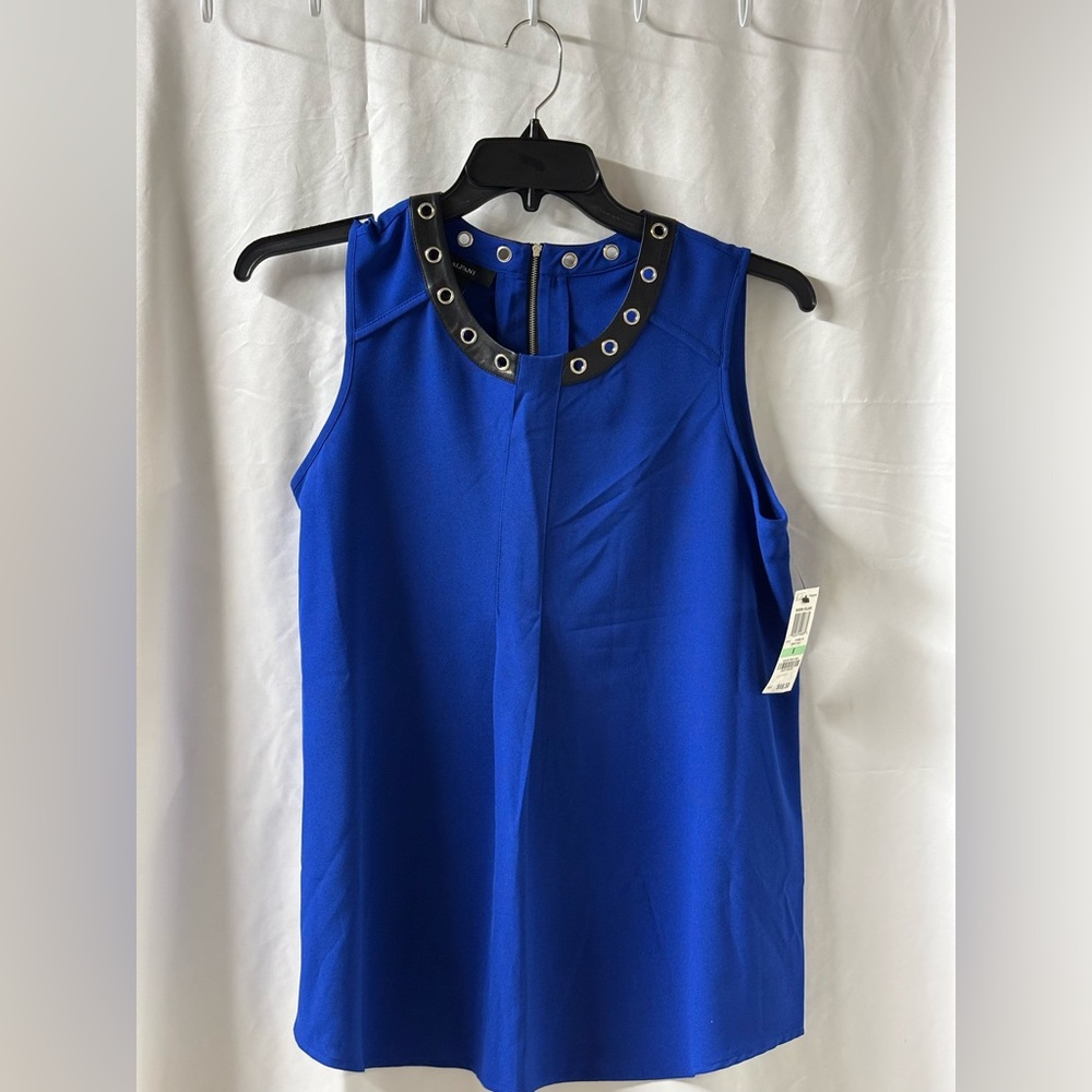 Alfani Royal Blue Grommet Collar Sleeveless Blouse Faux Leather Trim Size 8 NWT
